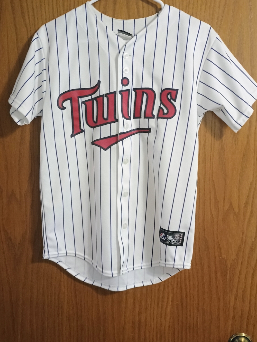 Majestic White Pinstripe Twins Jersey with Red Script